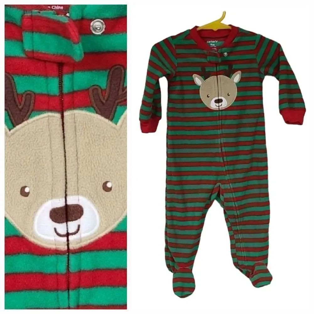 Carter’s Baby Christmas Pajamas 9M Reindeer Fleece Footed Sleeper Red Green Pjs